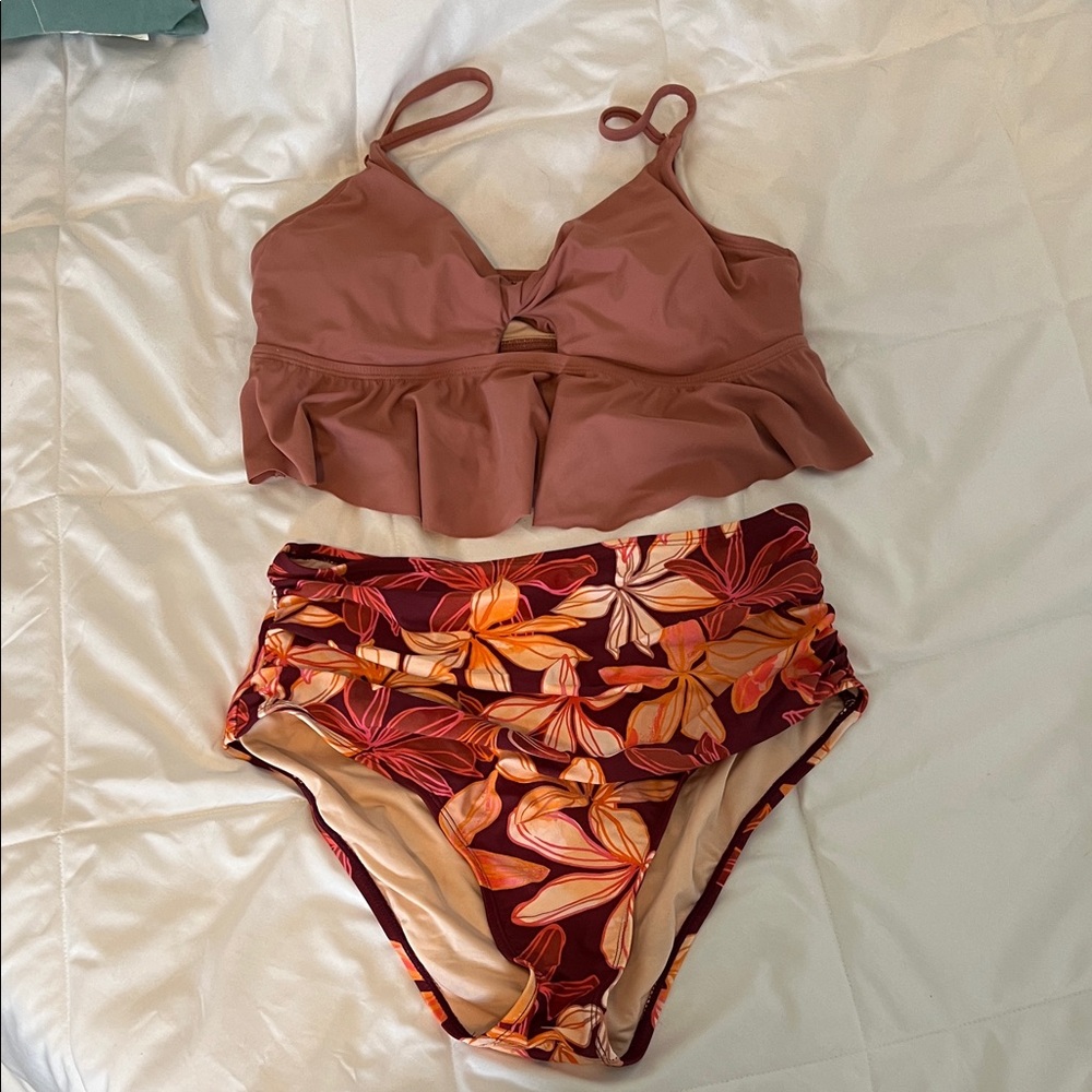 Amazon Rust Bikini Top with Floral High-Waisted Bottoms
